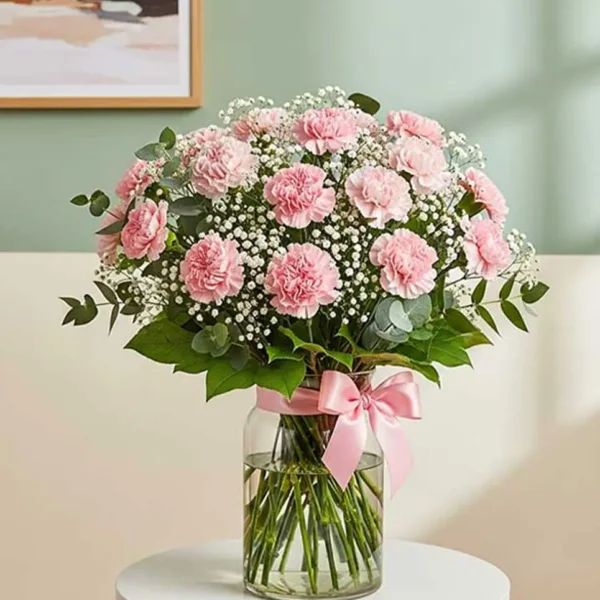 Claveles rosados frescos en arreglo floral elegante para pesame y condolencias a domicilio en la Ciudad de México