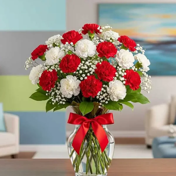 Flores claveles blancos y rojos para condolencias en arreglo floral de luto