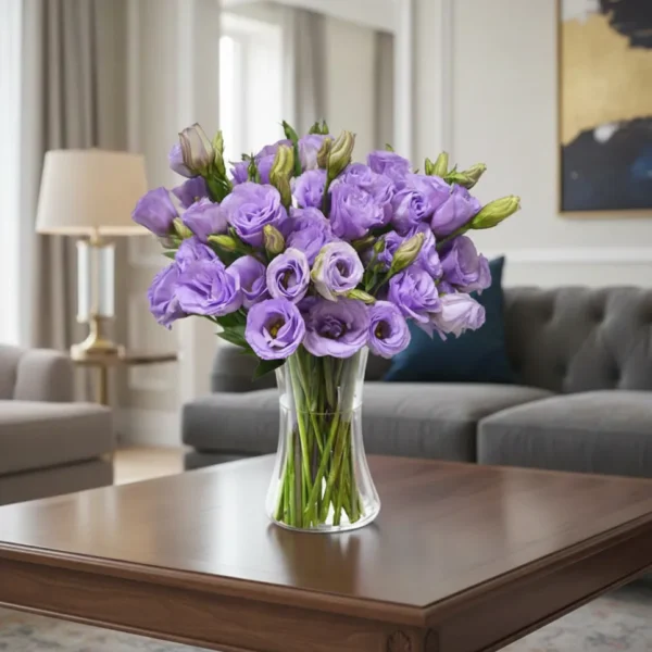 Luto flores de pésame con lisianthus morado en arreglo floral elegante