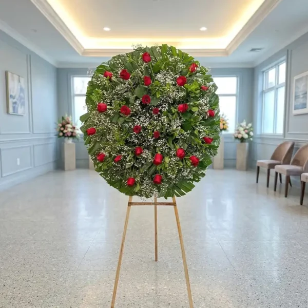 Nuestras corona de rosas destacan por su belleza natural y simbolismo profundo, representando amor, respeto y despedida