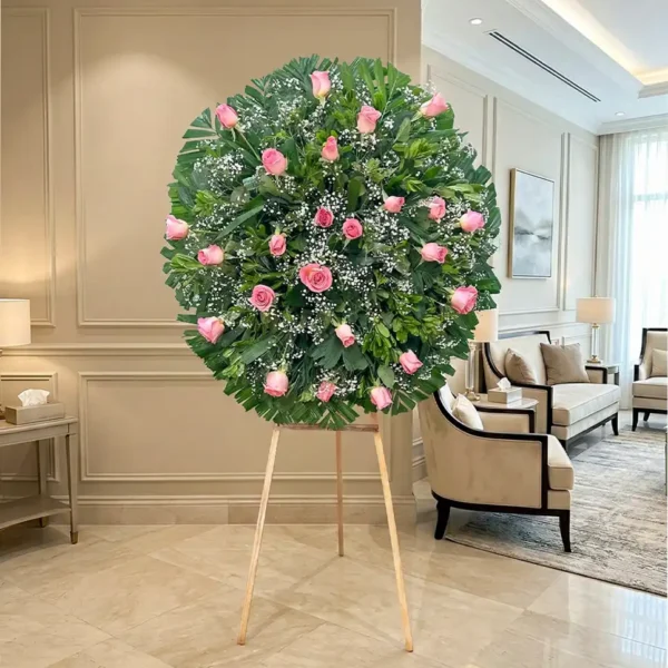 Corona rosas rosas para entrega express en la Ciudad de México, ideal para velatorios y panteones.