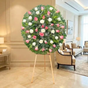 corona de lagrimas rosas rosas y blancas para condolencias, entregas urgentes express en todas las funerarias de la ciudad de México