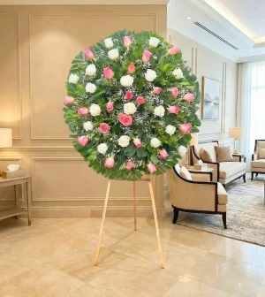 corona de lagrimas rosas rosas y blancas para condolencias, entregas urgentes express en todas las funerarias de la ciudad de México