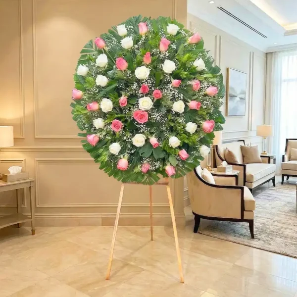 corona de lagrimas rosas rosas y blancas para condolencias, entregas urgentes express en todas las funerarias de la ciudad de México